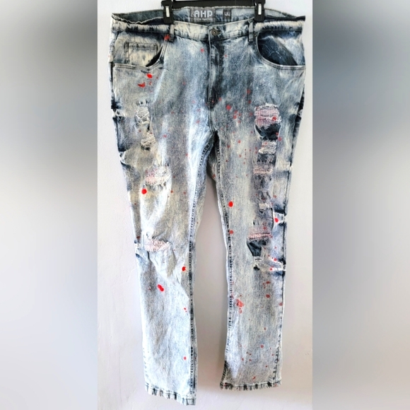 Another Hype Piece AHP Men's Slim Blue Jeans Distressed Paint Splatter 44 x 33 - Picture 1 of 7